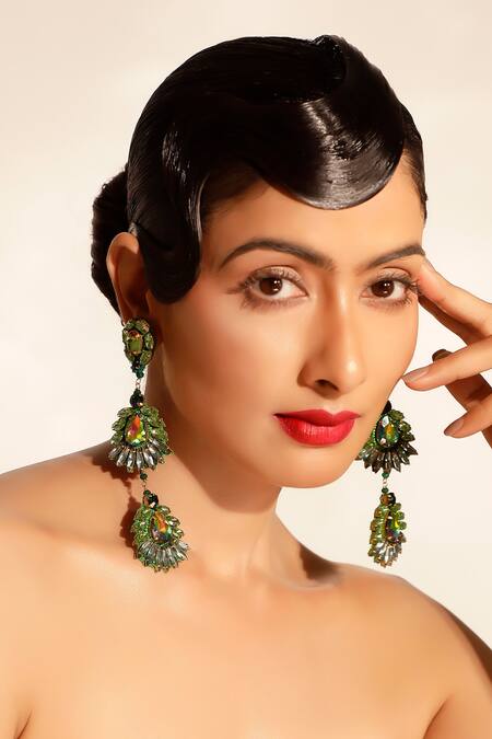 Shop Bijoux By Priya Chandna Green Crystals, Beads, Stones Floral Danglers With Online at Aza Fashions Shop_Bijoux By Priya Chandna_Green Crystals, Beads, Stones Floral Danglers With _Online_at_Aza_Fashions