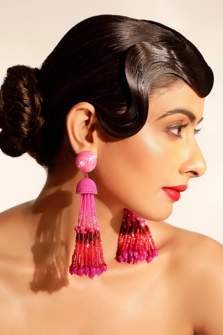 Shop Bijoux By Priya Chandna Pink Sequins, Crystals, Beads Gradient Long Earrings Online at Aza Fashions Shop_Bijoux By Priya Chandna_Pink Sequins, Crystals, Beads Gradient Long Earrings _Online_at_Aza_Fashions