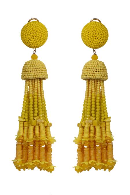 Shop Bijoux By Priya Chandna Yellow Sequins, Crystals, Beads Tonal Gradient Long Earrings at Aza Fashions Shop_Bijoux By Priya Chandna_Yellow Sequins, Crystals, Beads Tonal Gradient Long Earrings _at_Aza_Fashions