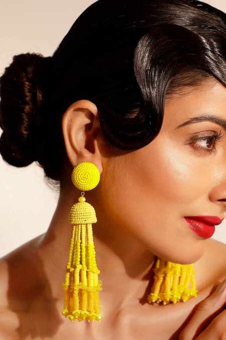 Bijoux By Priya Chandna Yellow Sequins, Crystals, Beads Tonal Gradient Long Earrings Online at Aza Fashions Bijoux By Priya Chandna_Yellow Sequins, Crystals, Beads Tonal Gradient Long Earrings _Online_at_Aza_Fashions