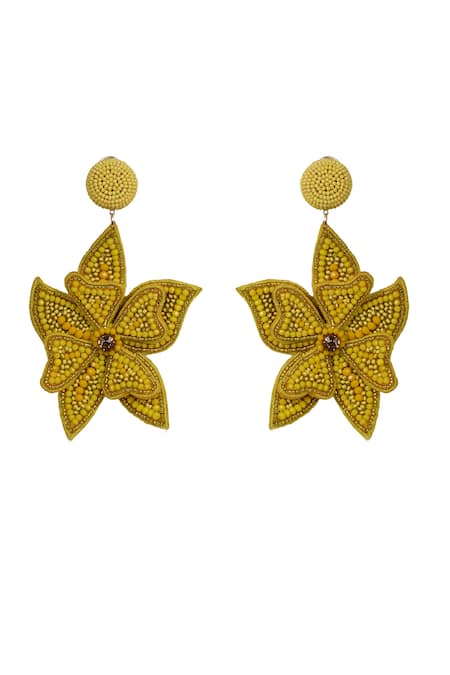 Shop Bijoux By Priya Chandna Yellow Sequins, Crystals, Beads Floral Tonal Embroidered Earrings at Aza Fashions Shop_Bijoux By Priya Chandna_Yellow Sequins, Crystals, Beads Floral Tonal Embroidered Earrings _at_Aza_Fashions