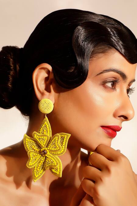 Bijoux By Priya Chandna Yellow Sequins, Crystals, Beads Floral Tonal Embroidered Earrings Online at Aza Fashions Bijoux By Priya Chandna_Yellow Sequins, Crystals, Beads Floral Tonal Embroidered Earrings _Online_at_Aza_Fashions