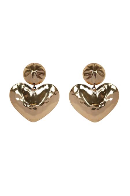 Shop Bijoux By Priya Chandna Gold Plated Glitter, Metallic Thread Hammered Heart Dangler Earrings at Aza Fashions Shop_Bijoux By Priya Chandna_Gold Plated Glitter, Metallic Thread Hammered Heart Dangler Earrings _at_Aza_Fashions