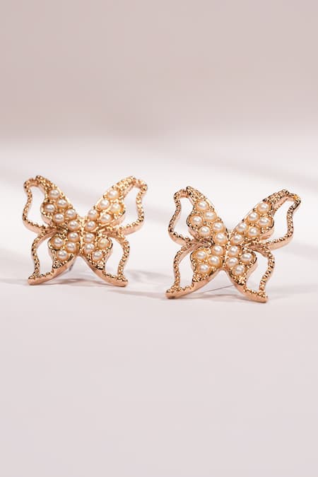 Shop Bijoux By Priya Chandna Gold Plated Pearls Embellished Butterfly Stud Earrings at Aza Fashions Shop_Bijoux By Priya Chandna_Gold Plated Pearls Embellished Butterfly Stud Earrings _at_Aza_Fashions