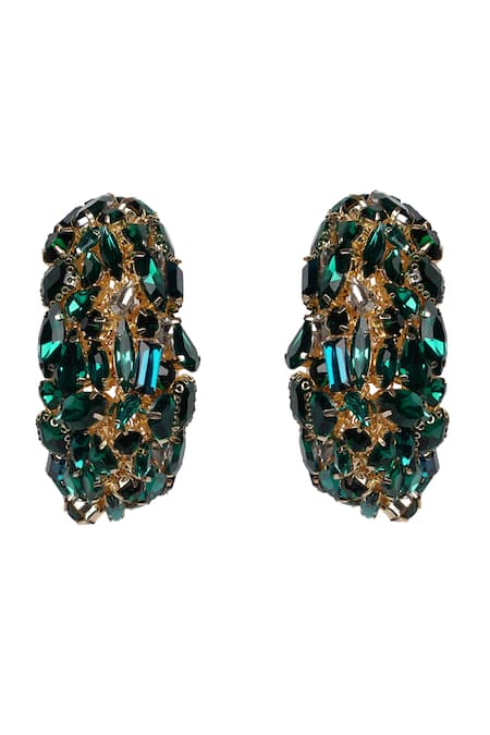 Shop Bijoux By Priya Chandna Green Crystals, Stones Embellished Half Hoop Earrings at Aza Fashions Shop_Bijoux By Priya Chandna_Green Crystals, Stones Embellished Half Hoop Earrings _at_Aza_Fashions