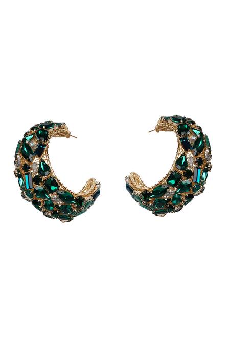 Bijoux By Priya Chandna Green Crystals, Stones Embellished Half Hoop Earrings Online at Aza Fashions Bijoux By Priya Chandna_Green Crystals, Stones Embellished Half Hoop Earrings _Online_at_Aza_Fashions