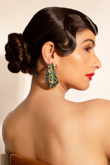 Shop Bijoux By Priya Chandna Green Crystals, Stones Embellished Half Hoop Earrings Online at Aza Fashions Shop_Bijoux By Priya Chandna_Green Crystals, Stones Embellished Half Hoop Earrings _Online_at_Aza_Fashions