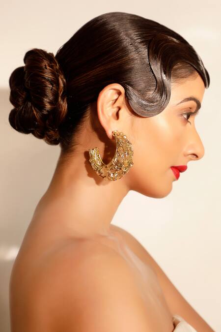 Shop Bijoux By Priya Chandna Gold Plated Crystals, Stones Embellished Half Hoops Online at Aza Fashions Shop_Bijoux By Priya Chandna_Gold Plated Crystals, Stones Embellished Half Hoops _Online_at_Aza_Fashions