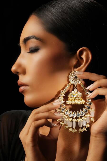 Shop Bijoux By Priya Chandna White Pearls, Crystals, Beads Tasselled Chandbali Earrings at Aza Fashions Shop_Bijoux By Priya Chandna_White Pearls, Crystals, Beads Tasselled Chandbali Earrings _at_Aza_Fashions