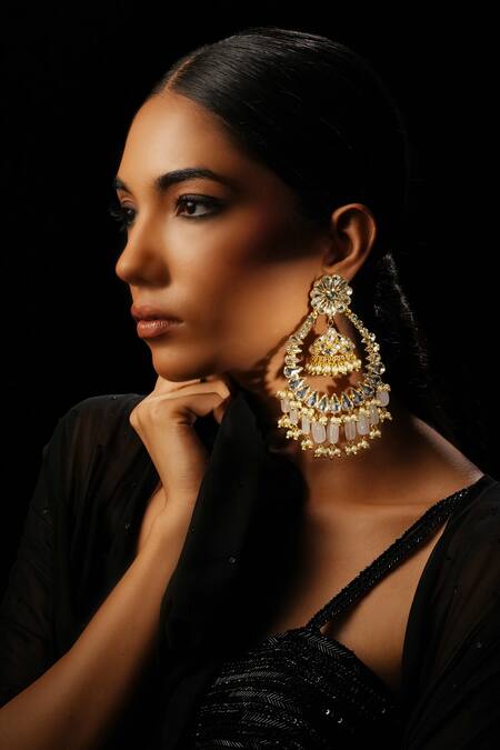 Bijoux By Priya Chandna White Pearls, Crystals, Beads Tasselled Chandbali Earrings Online at Aza Fashions Bijoux By Priya Chandna_White Pearls, Crystals, Beads Tasselled Chandbali Earrings _Online_at_Aza_Fashions