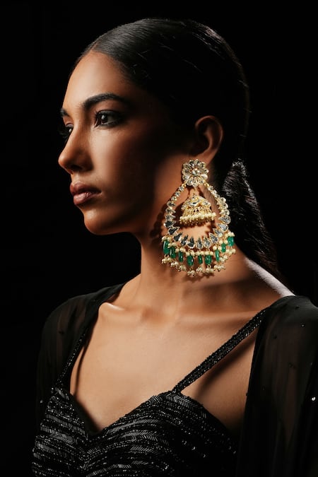 Bijoux By Priya Chandna Green Pearls, Crystals, Beads Tasselled Chandbalis 