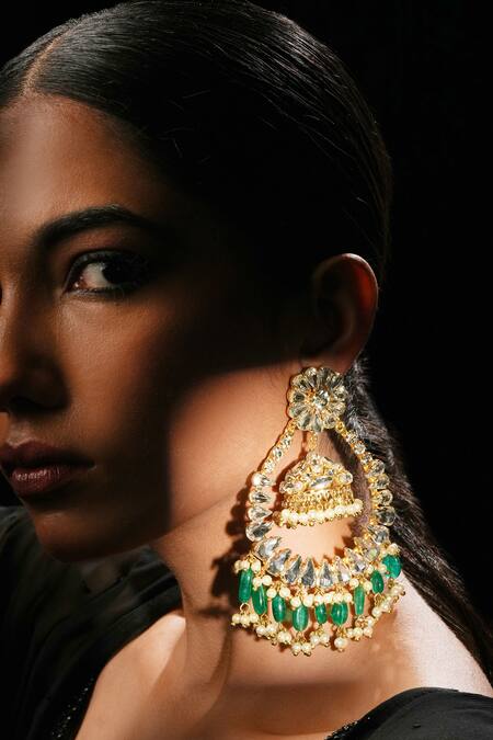 Shop_Bijoux By Priya Chandna_Green Pearls, Crystals, Beads Tasselled Chandbalis _at_Aza_Fashions