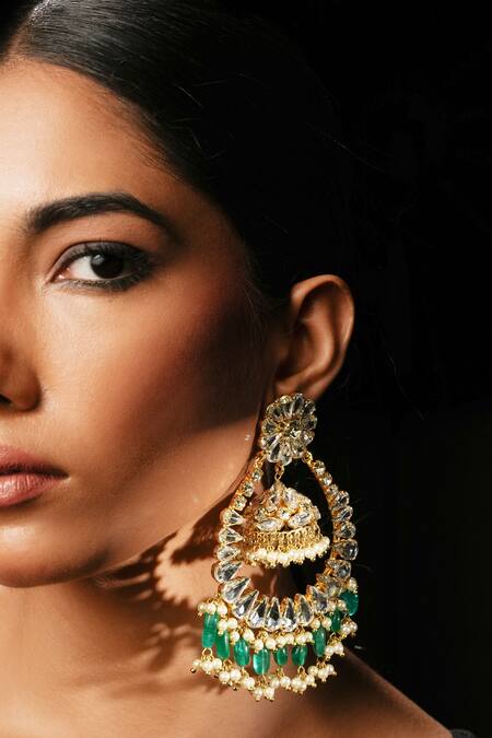 Bijoux By Priya Chandna_Green Pearls, Crystals, Beads Tasselled Chandbalis _Online_at_Aza_Fashions