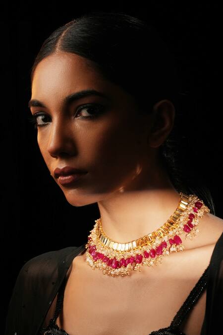 Bijoux By Priya Chandna Red Gold Plated Crystal Bead Tassel Choker Online at Aza Fashions Bijoux By Priya Chandna_Red Gold Plated Crystal Bead Tassel Choker _Online_at_Aza_Fashions