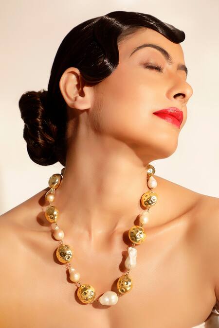 Bijoux By Priya Chandna Gold Plated Foil Pearl Bead Long Necklace Online at Aza Fashions Bijoux By Priya Chandna_Gold Plated Foil Pearl Bead Long Necklace _Online_at_Aza_Fashions