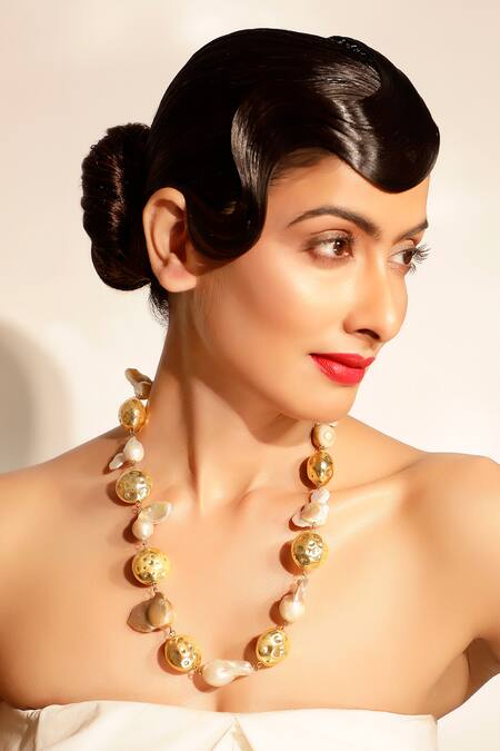 Shop Bijoux By Priya Chandna Gold Plated Foil Pearl Bead Long Necklace Online at Aza Fashions Shop_Bijoux By Priya Chandna_Gold Plated Foil Pearl Bead Long Necklace _Online_at_Aza_Fashions