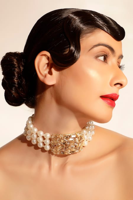 Bijoux By Priya Chandna White Pearls, Crystals Gold Plated Choker Necklace 