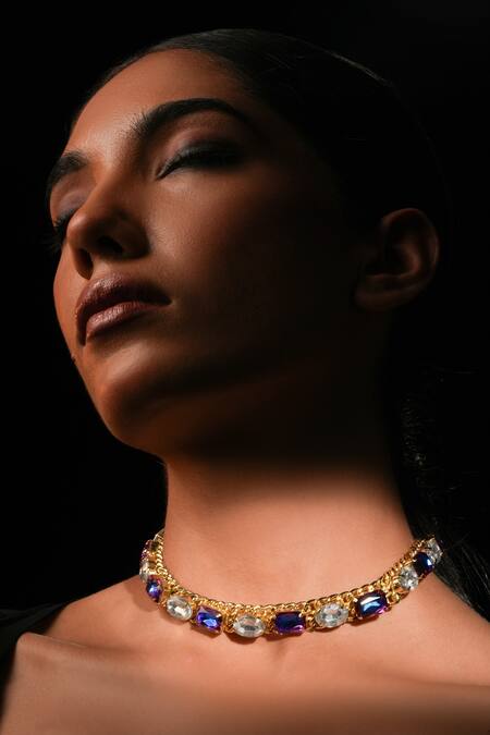 Bijoux By Priya Chandna_Blue Gold Plated Crystal Choker Necklace _Online_at_Aza_Fashions