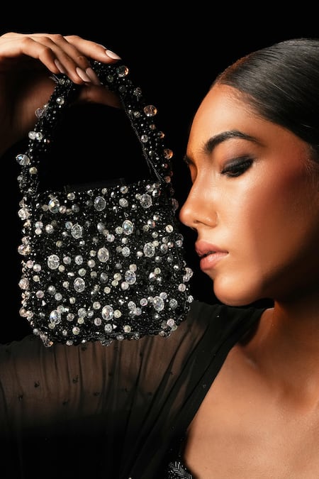 Bijoux By Priya Chandna Beaded Black Mini Pebble Handbag 