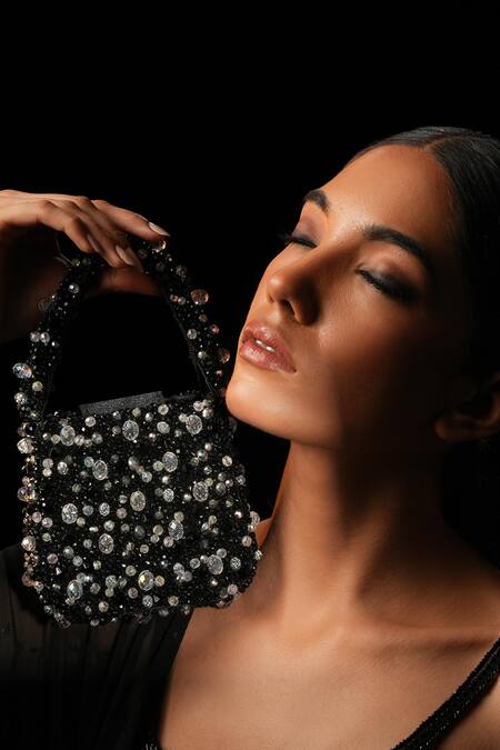 Bijoux By Priya Chandna_Black Beads, Crystals, Stones Beaded Mini Pebble Handbag _Online_at_Aza_Fashions