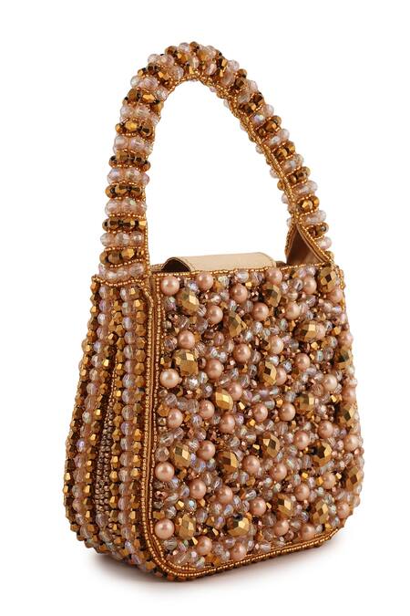 Bijoux By Priya Chandna_Gold Beads, Glitter, Stones Mini Pebble Handbag _Online_at_Aza_Fashions