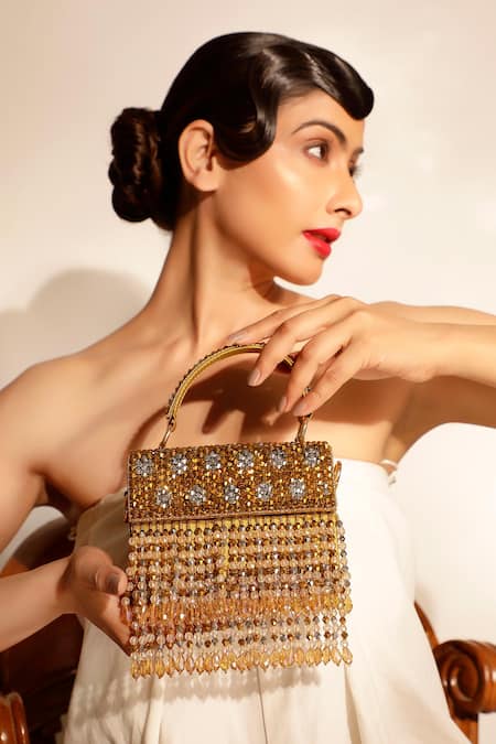 Bijoux By Priya Chandna Crystal & Glass Bead Embellished Box Clutch 