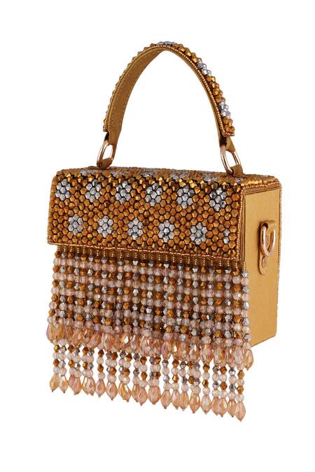 Bijoux By Priya Chandna_Gold Crystals, Beads Waterfall Fringe Box Clutch _Online_at_Aza_Fashions