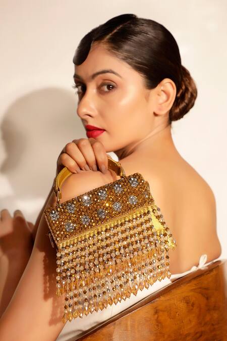 Buy_Bijoux By Priya Chandna_Gold Crystals, Beads Waterfall Fringe Box Clutch _Online_at_Aza_Fashions