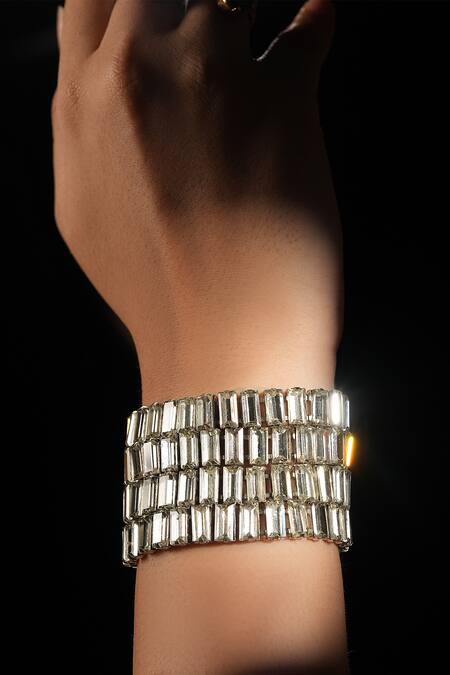 Bijoux By Priya Chandna_Silver Plated Crystals Multi Row Link Bracelet _Online_at_Aza_Fashions