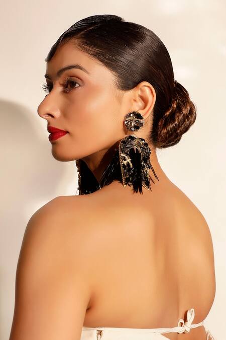 Bijoux By Priya Chandna Black Crystals, Feathers, Stones Blossom Dangler Earrings Online at Aza Fashions Bijoux By Priya Chandna_Black Crystals, Feathers, Stones Blossom Dangler Earrings _Online_at_Aza_Fashions