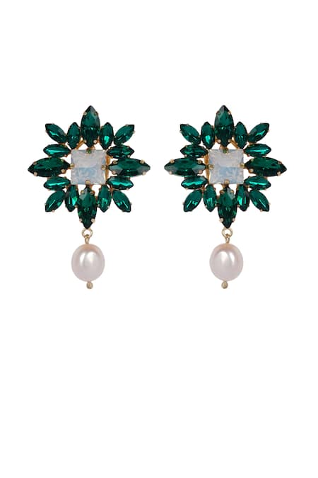 Bijoux By Priya Chandna Green Crystal & Baroque Pearl Drop Earrings 