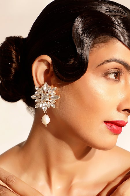 Bijoux By Priya Chandna_Silver Plated Crystals, Pearls And Baroque Drop Earrings _Online_at_Aza_Fashions