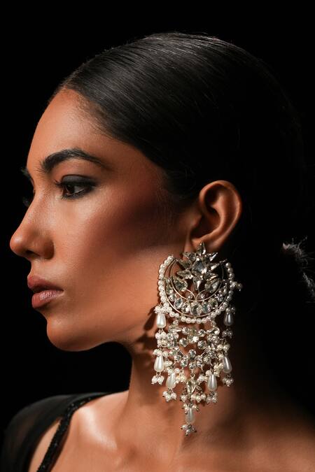 Bijoux By Priya Chandna_Silver Plated Pearl And Crystal Chandbalis _Online_at_Aza_Fashions