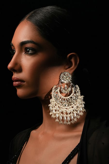 Bijoux By Priya Chandna_Silver Plated Pearls, Crystals And Half Moon Chandbalis _Online_at_Aza_Fashions