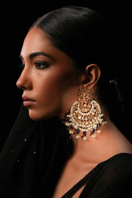 Bijoux By Priya Chandna Pearl & Amethyst Stone Embellished Chandbalis 