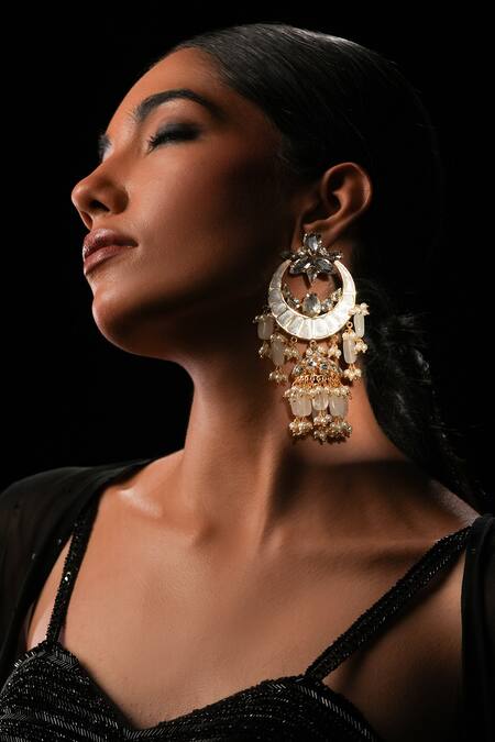 Bijoux By Priya Chandna_White Pearls, Crystals Gold Plated Chand Bloom Chandbalis _Online_at_Aza_Fashions
