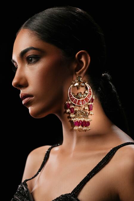 Bijoux By Priya Chandna_Red Pearls, Crystals Chand Blossom Chandbalis _Online_at_Aza_Fashions