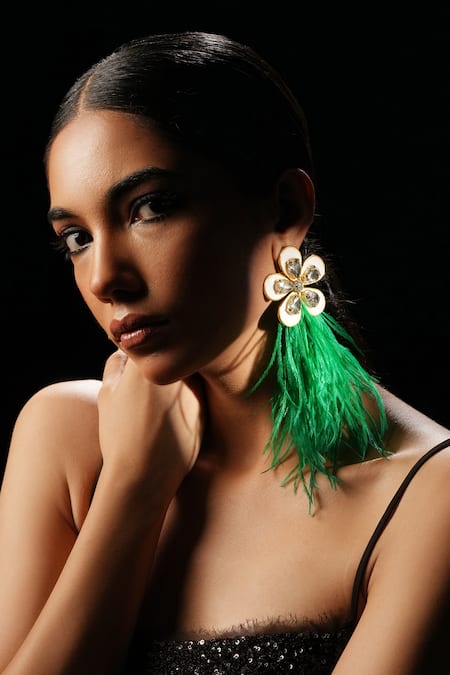 Bijoux By Priya Chandna Daisy Crystal Stone & Feather Embellished Earrings 