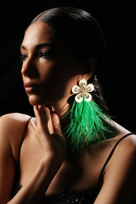Bijoux By Priya Chandna Green Crystals Daisy Feather Danglers Online at Aza Fashions Bijoux By Priya Chandna_Green Crystals Daisy Feather Danglers _Online_at_Aza_Fashions