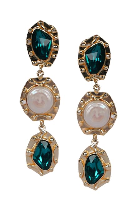 Bijoux By Priya Chandna Teal Blue Gemstone & Pearl Drop Earrings 
