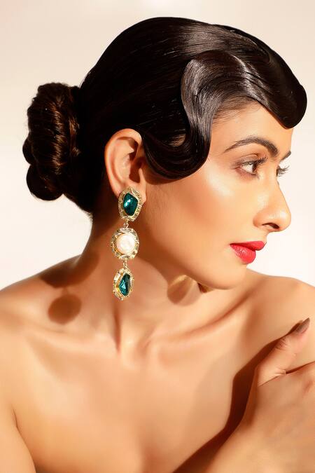 Bijoux By Priya Chandna Green Crystals, Pearls Teal Blue Gemstone And Drop Earrings Online at Aza Fashions Bijoux By Priya Chandna_Green Crystals, Pearls Teal Blue Gemstone And Drop Earrings _Online_at_Aza_Fashions