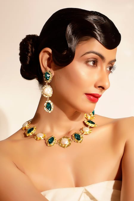 Shop Bijoux By Priya Chandna Green Crystals, Pearls Teal Blue Gemstone And Drop Earrings Online at Aza Fashions Shop_Bijoux By Priya Chandna_Green Crystals, Pearls Teal Blue Gemstone And Drop Earrings _Online_at_Aza_Fashions