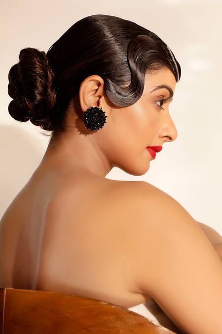 Shop_Bijoux By Priya Chandna_Black Sequins Blossom Embellished Studs _Online_at_Aza_Fashions