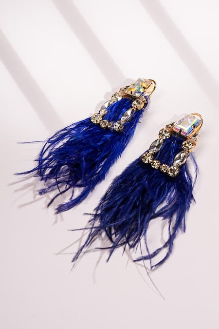 Bijoux By Priya Chandna Blue Feather Crystal Long Earrings 