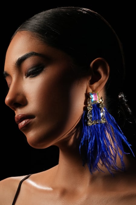 Bijoux By Priya Chandna_Blue Crystals, Feathers Long Earrings _Online_at_Aza_Fashions