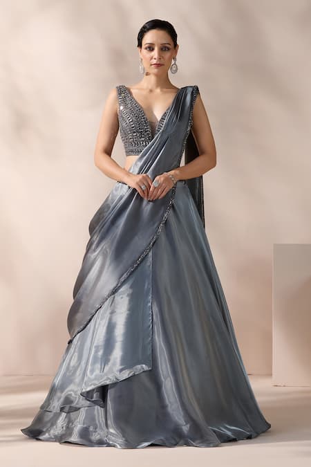 Chaashni by Maansi and Ketan Grey Layered Lehenga Saree With Embroidered Blouse 