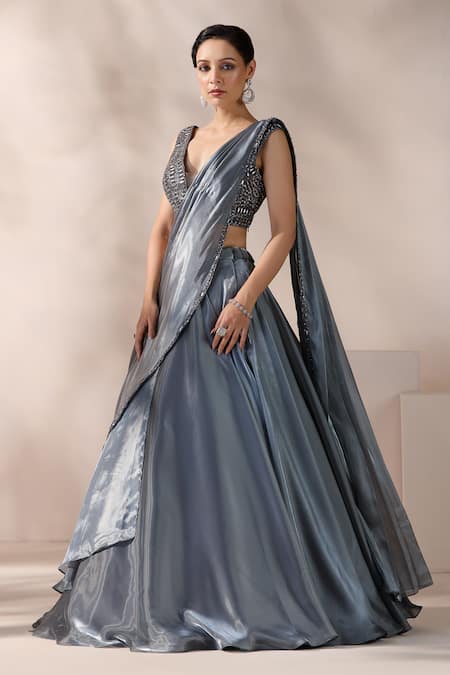 Buy_Chaashni By Maansi And Ketan_Gray Organza Cut Work, Grey Layered Lehenga Saree With Embroidered Blouse _Online_at_Aza_Fashions