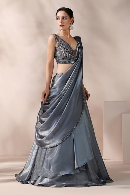 Shop_Chaashni By Maansi And Ketan_Gray Organza Cut Work, Grey Layered Lehenga Saree With Embroidered Blouse _Online_at_Aza_Fashions