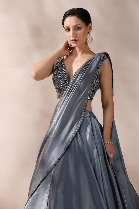 Chaashni By Maansi And Ketan_Gray Organza Cut Work, Grey Layered Lehenga Saree With Embroidered Blouse _at_Aza_Fashions