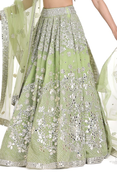 Abhinav Mishra_Green Net Tassels, Embroidery, Mirrors, Lace V-neck Floral Lehenga Set _Online_at_Aza_Fashions